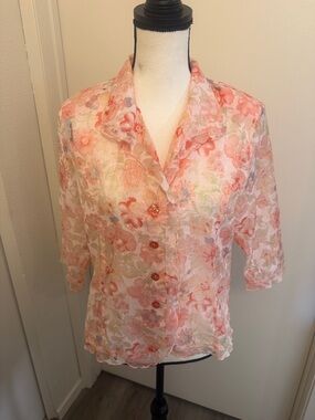 Sheer Floral Button-Front Blouse in Soft Peach